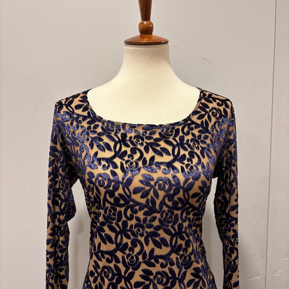 Y2K, 90s, Whimsigoth Faux-sheer Blue Velvet Long Sleeve Top scoop-neck, size L